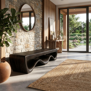 Modern Wooden Bench With Flowing Base For Hallway