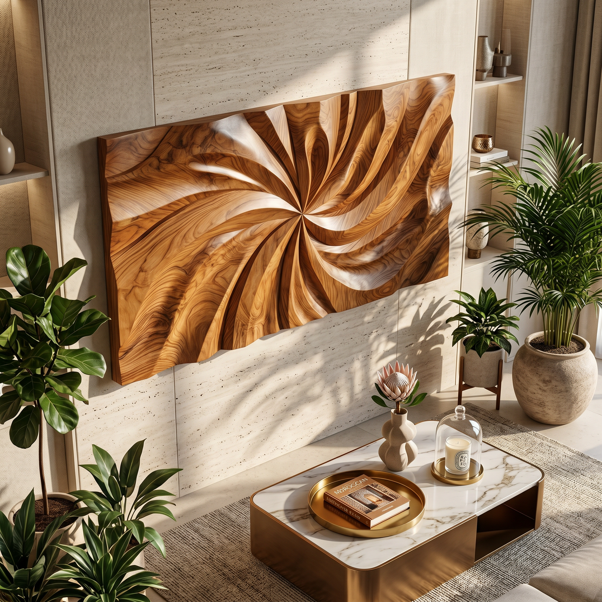 Modern Wood Wall Art With Swirl Relief For Sunroom