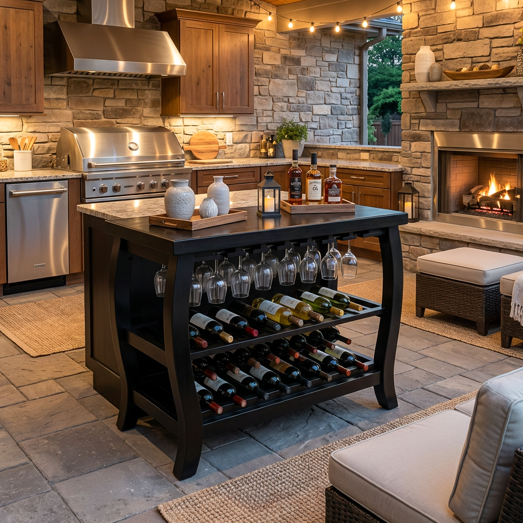 Sculptural Wooden Wine Cabinet With Glass Rack For Island Decor