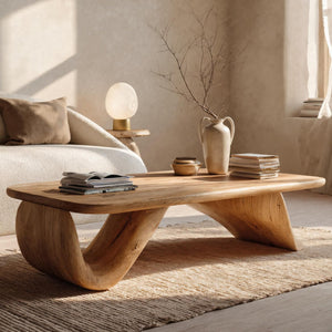 Organic Wood Coffee Table With Sculpted Curved Base For Living
