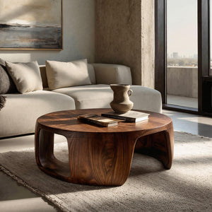 Minimal Wood Round Coffee Table With Sculptural Form For Home
