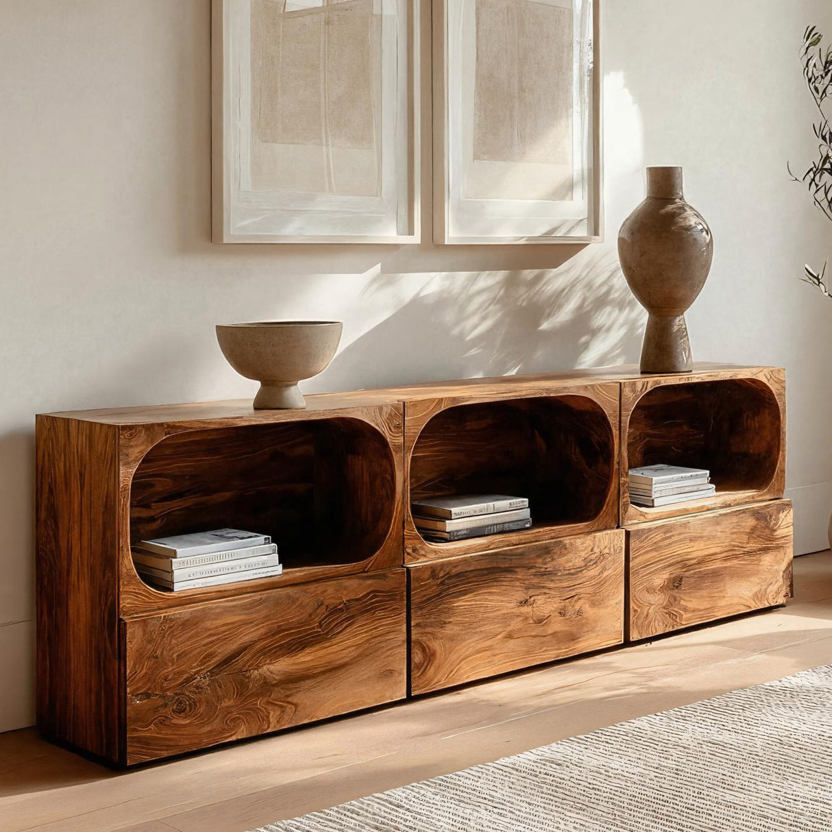 Minimal Wooden Sideboard With Rounded Edge Shelf For Living