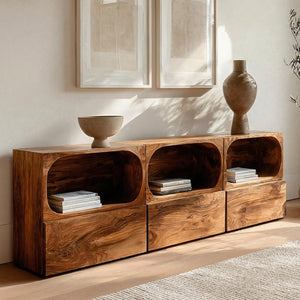 Minimal Wooden Sideboard With Rounded Edge Shelf For Living