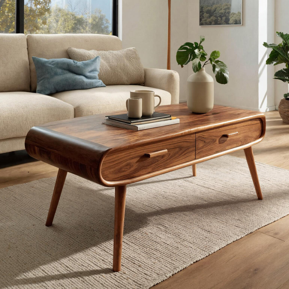Mid Century Wood Coffee Table With Tapered Legs For Interior