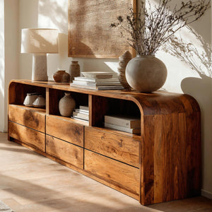 Modern Natural Wood Sideboard With Open Shelf For Home