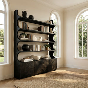 Organic Wooden Bookshelf With Curved Edges For Living Storage