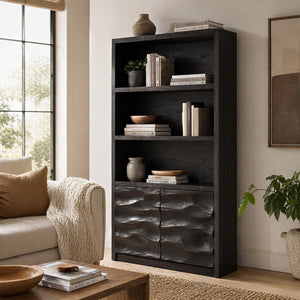 Minimal Wooden Bookshelf With Wavy Drawer Front For Home