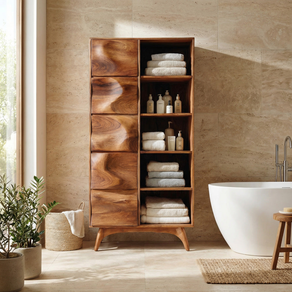 Sculpted Wood Bathroom Cabinet With Wavy Doors For Spa Decor