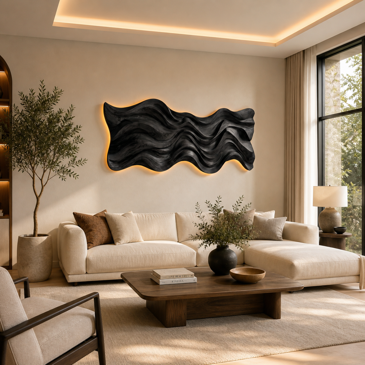 Modern Wood Wall Art With Wave Sculpture For Living Room