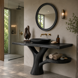 Sculptural Wood Sink Cabinet For Tropical Powder Room