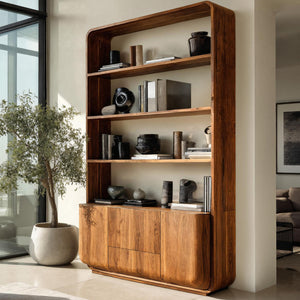 Modern Curved Frame Wood Bookshelf With Cabinets