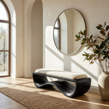 Minimalist Wood Bench With Flowing Base For Living Room Seating