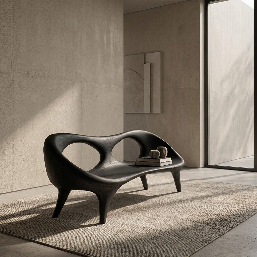 Contemporary Wood Bench With Hollowed-out Backrest For Living Room