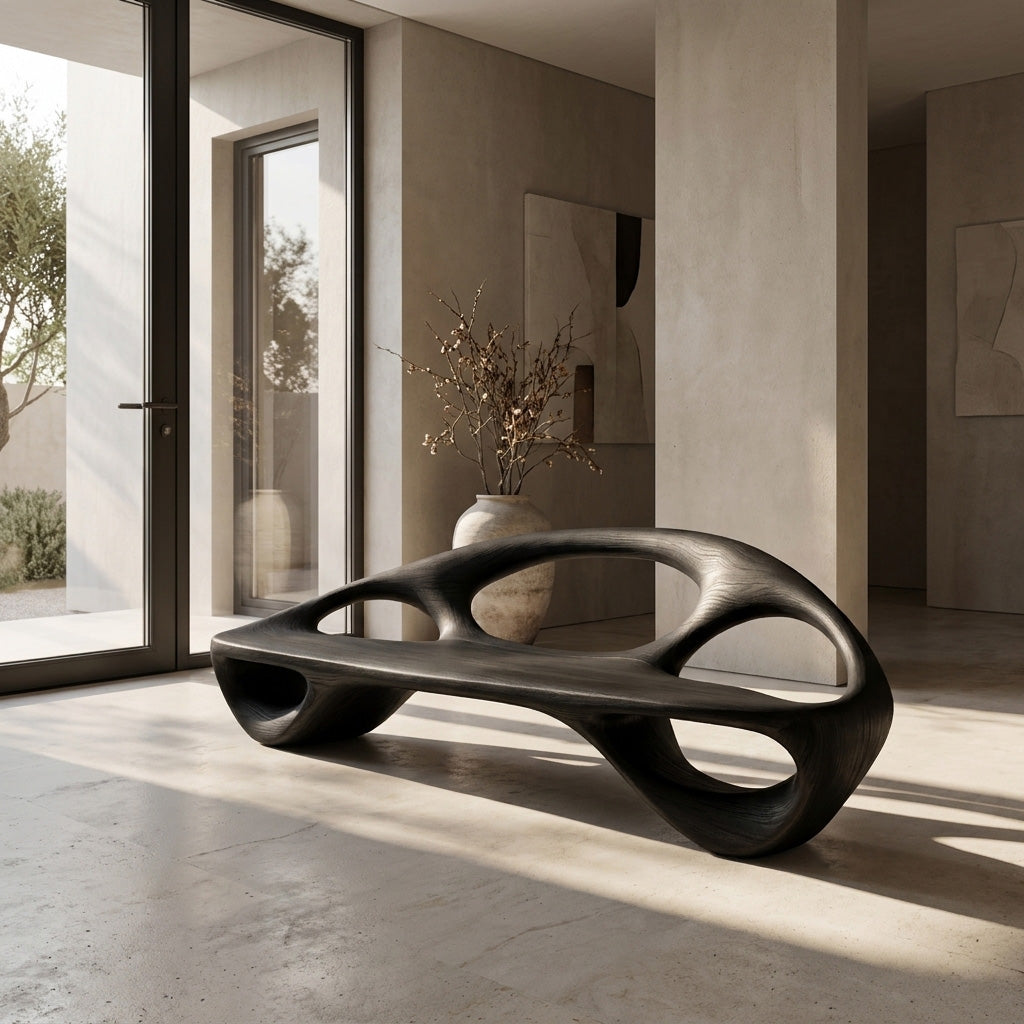 Minimalist Wood Bench With Sculptural Backrest For Living Room