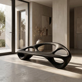Minimalist Wood Bench With Sculptural Backrest For Living Room