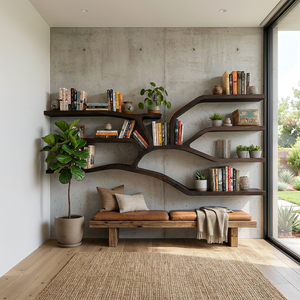 Handcrafted Sculptural Wooden Bookshelf For Living Room Decor