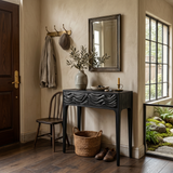 Wooden Console Table With Exquisitely Carved Front For Living Room