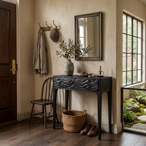 Wooden Console Table With Exquisitely Carved Front For Living Room