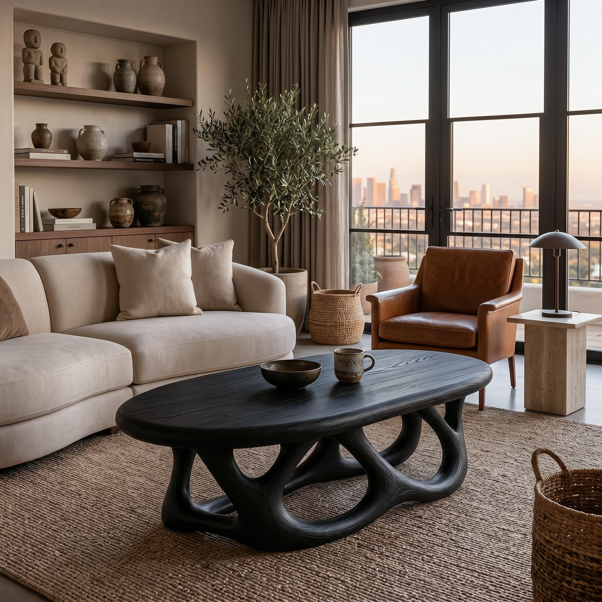 Luxury Oval Coffee Table With Interlocking Sculptural Base For Living