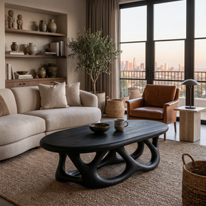 Luxury Oval Coffee Table With Interlocking Sculptural Base For Living