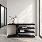 Organic Wooden Console Table With Layered Shelving For Hallway