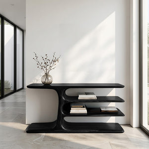 Organic Wooden Console Table With Layered Shelving For Hallway