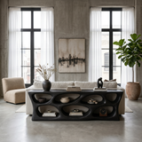 Handcrafted Wooden Console Table With Rounded Open Shelves For Entryway