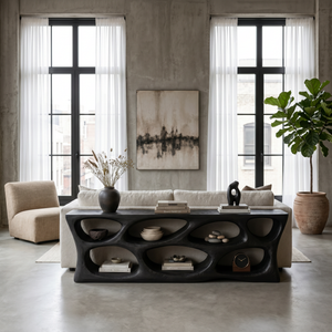 Handcrafted Wooden Console Table With Rounded Open Shelves For Entryway