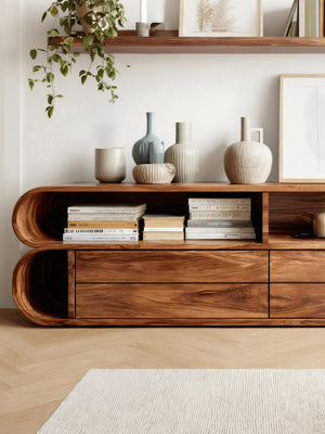 Rounded Edge Cabinet With Open Shelf For Living Room
