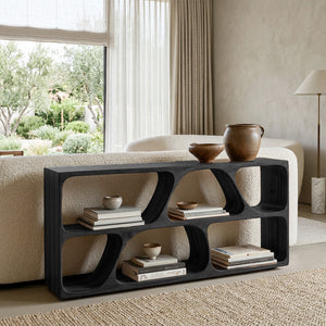 Organic Wood Console Table With Multiple Storage Compartments For Living