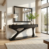 Contemporary Wooden Console Table With Sculptural Base For Living Room