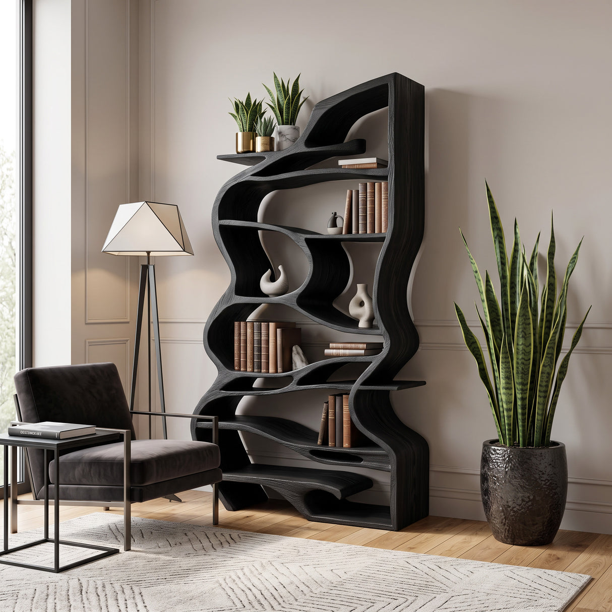 Handcrafted Sculpted Bookshelf With Organic Design For Living Room Or Office