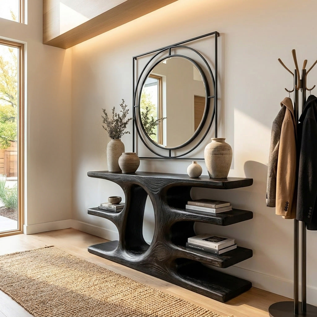 Contemporary Wooden Console Table With Shelf For Living Room