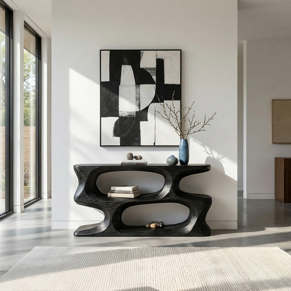 Minimal Sculptural Natural Wood Console Table For Living Room