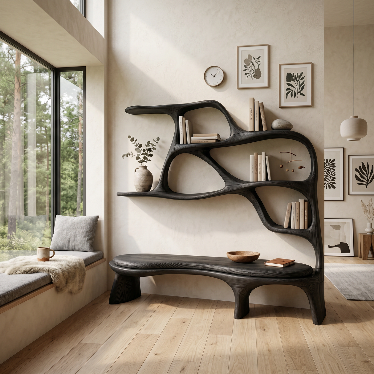 Minimalist Window Seat Bookcase For Modern Bedroom