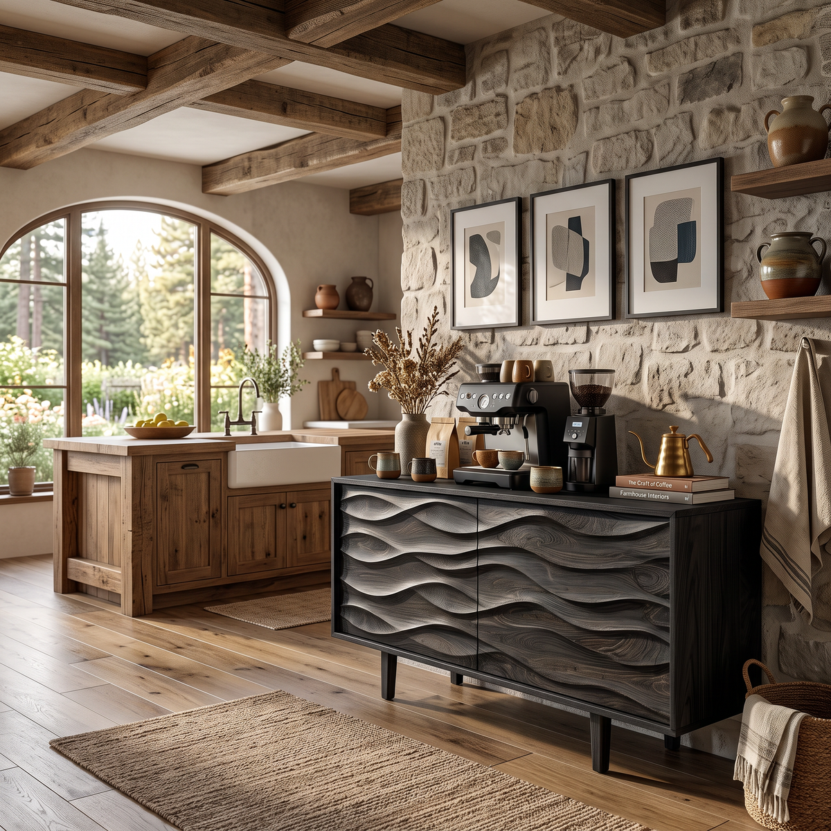 Contemporary Sideboard With Carved Wave Front Panels For Home
