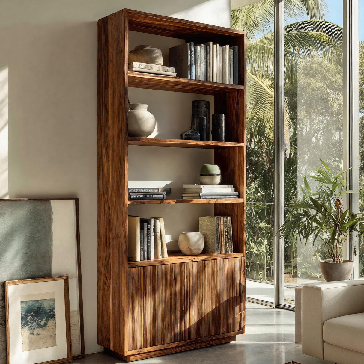 Minimal Wooden Bookcase For Coastal Living Room