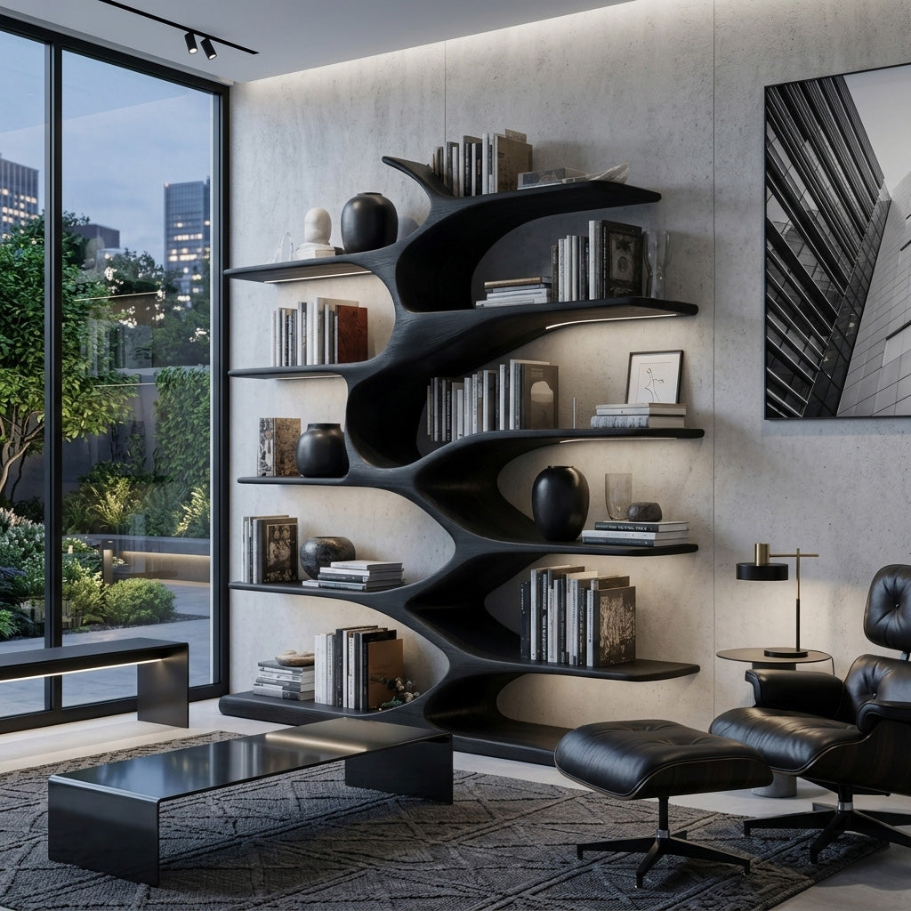 Modern Sculptural Bookshelf With Organic Design For Living Room