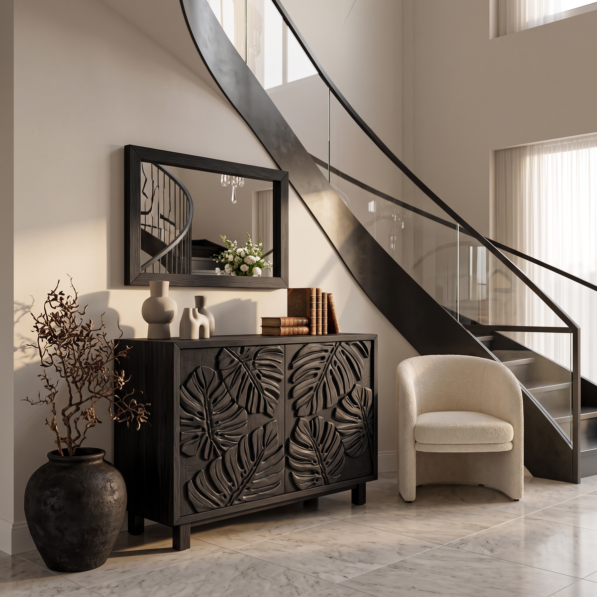 Modern Wooden Sideboard With Leaf Carved Doors For Home
