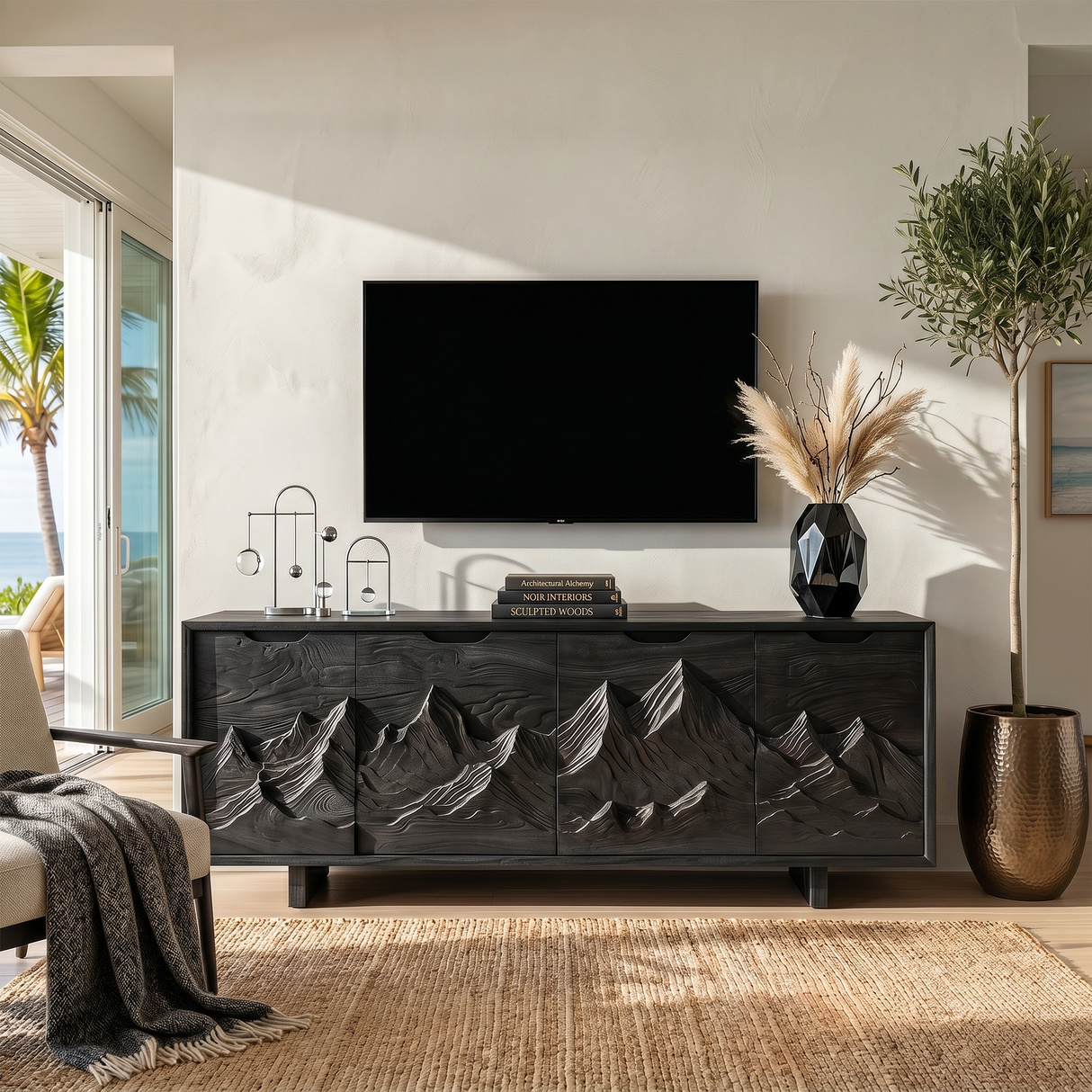 Mountain Carved Media Console For Rustic Living Room