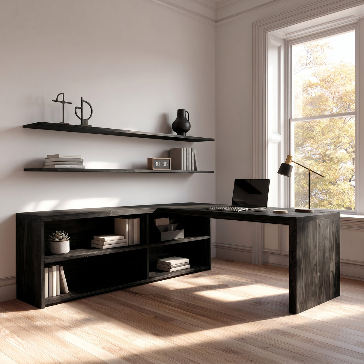 Modern Curved Natural Wood L Desk For Minimalist Office