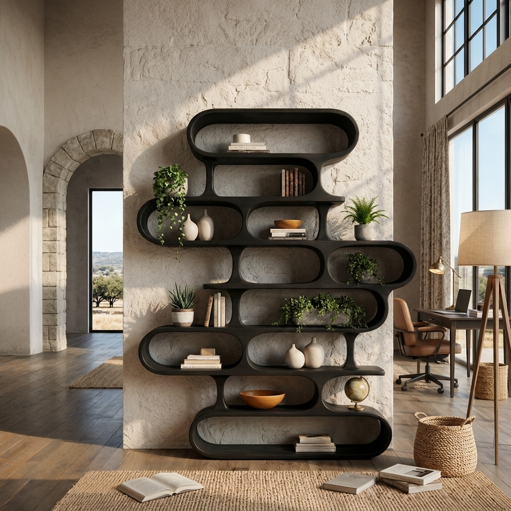 Organic Sculptural Wood Bookshelf With Curved Form For Living Room Or Office
