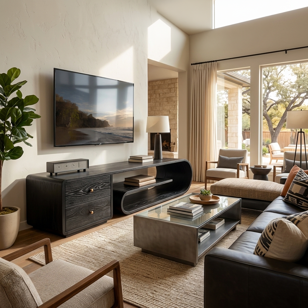 Modern TV Stand With Rounded Form For Living Room Space