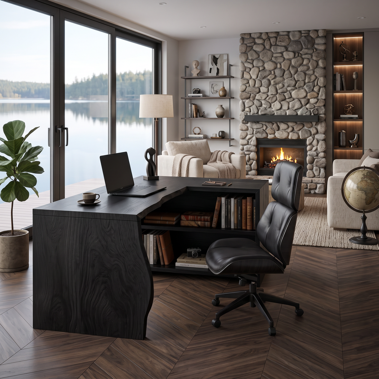 Modern L Shaped Wooden Desk With Bookshelf For Home Office Or Study