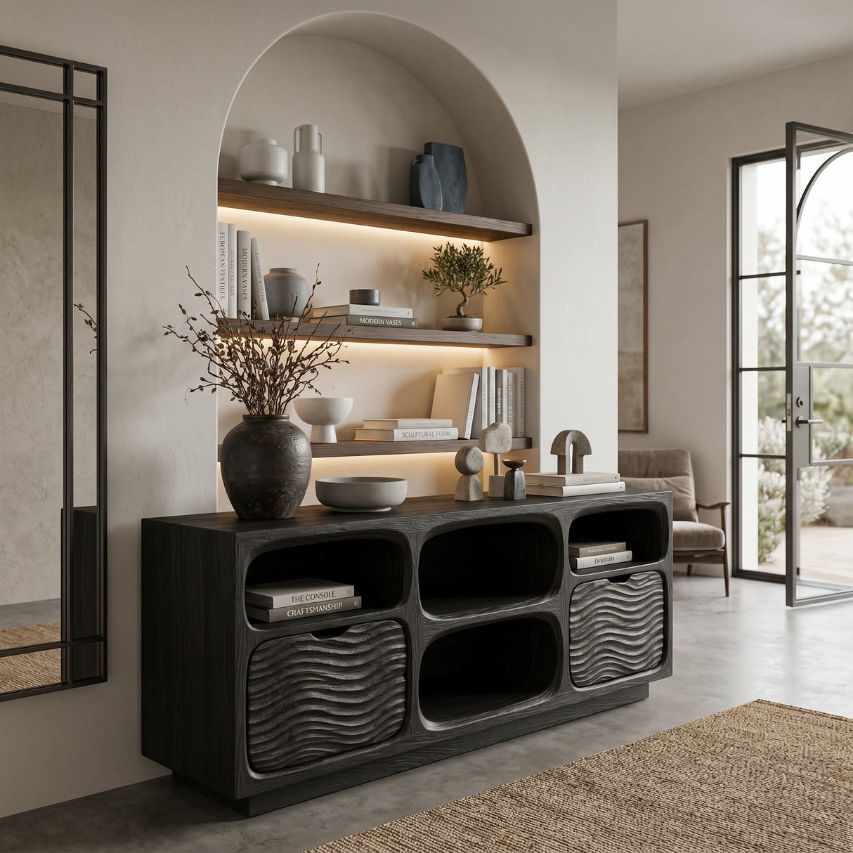 Sculptural Wooden Console Table With Shelves For Modern Living Room