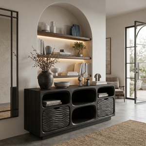 Sculptural Wooden Console Table With Shelves For Modern Living Room