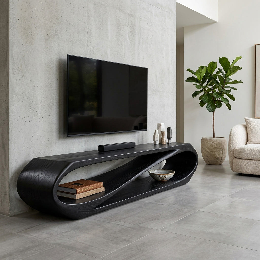 Sculptural Natural Wood TV Console For Modern Living Room