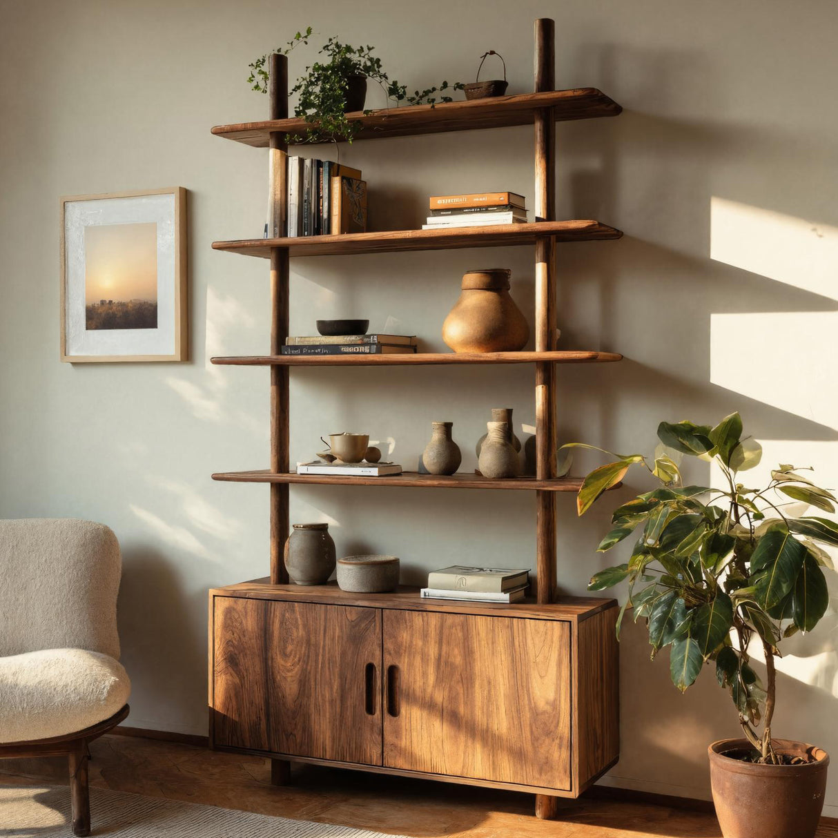 Mid Century Wooden Bookcase With Closed Storage For Living