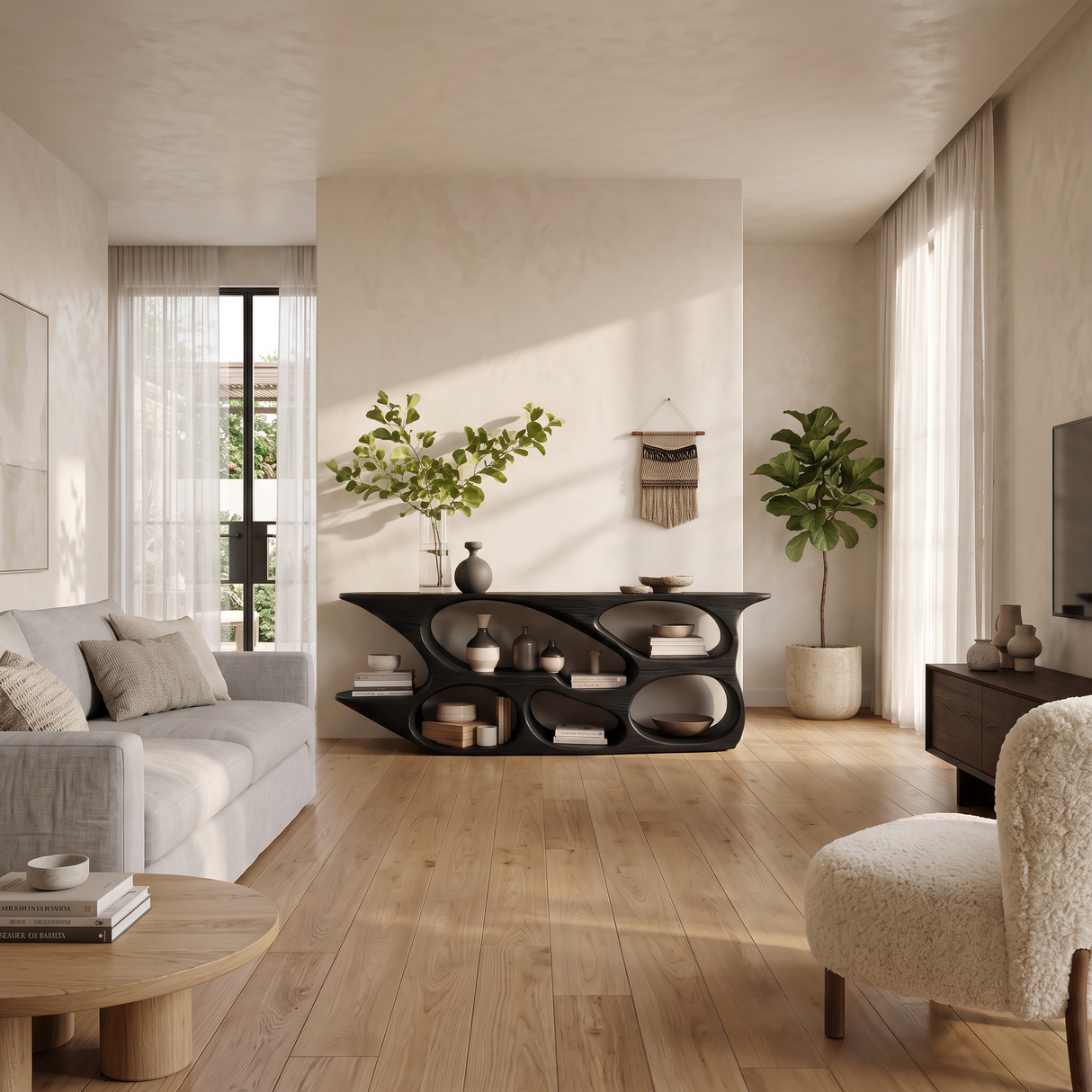 Sculptural Wood Bookshelf Curved Design For Living Room