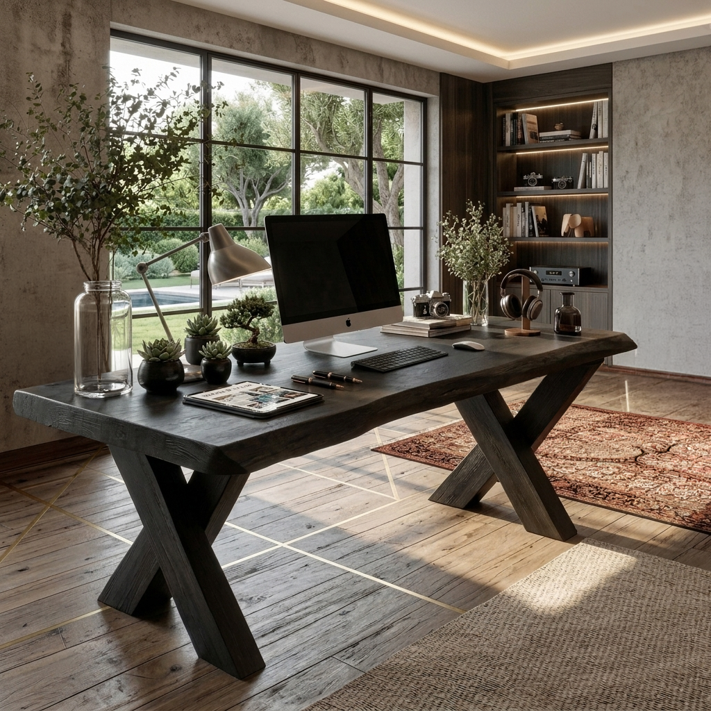 Rustic Live Edge Desk With X Legs For Home Office